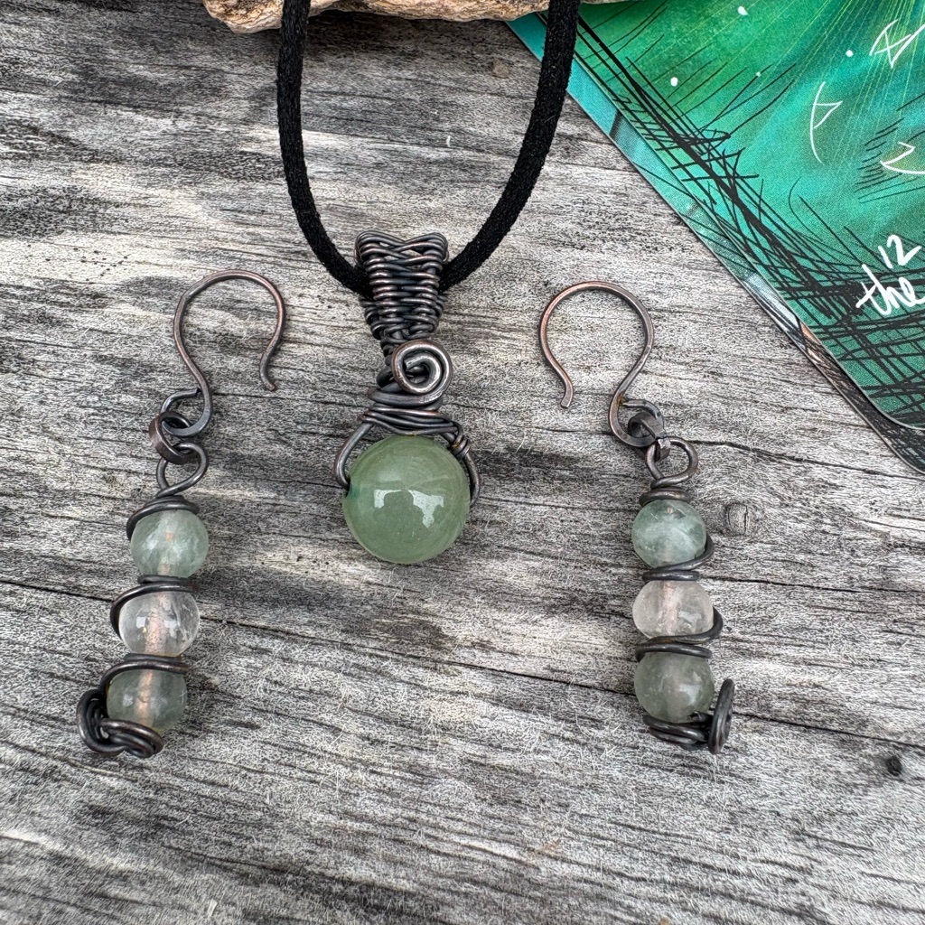 Jewelry Set Green Aventurine Fluorite Moonstone Oxidized Necklace & Earrings